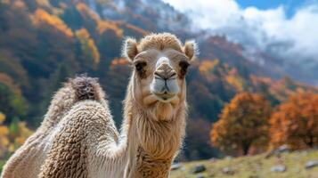 Close-up of a camel in a vibrant autumn landscape with colorful trees and mountains photo