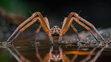 Close-up of a spider poised on a reflective surface in a natural setting, showcasing intricate details photo