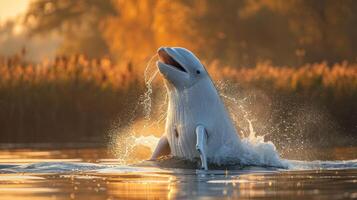 A majestic beluga whale breaching the surface of a serene river at sunset, surrounded by lush vegetation photo