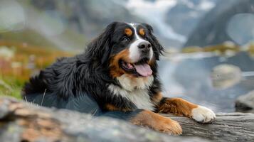 A Bernese Mountain Dog lounging by a serene lake surrounded by majestic mountains and greenery photo