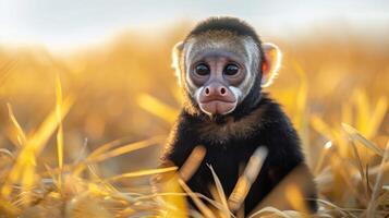 A young monkey sitting among golden grass, with a serene background and soft sunlight illuminating the scene photo