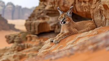 A serene lynx resting on a rocky outcrop in a desert landscape with distant mountains photo