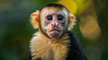 Close-up of a curious young monkey with expressive eyes in a lush green environment photo