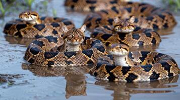 Multiple snakes and a cat blend in a muddy environment, showcasing nature's camouflage photo