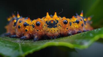 Close-up of a vibrant, spiky caterpillar resting on a green leaf in a lush natural environment photo