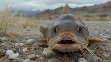 Close-up of a fish on a rocky shore with mountains in the background under a cloudy sky photo