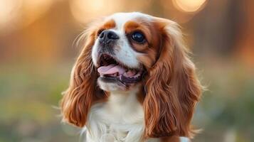 Charming Cavalier King Charles Spaniel with Fluffy Ears in a Sunlit Autumn Park Setting photo