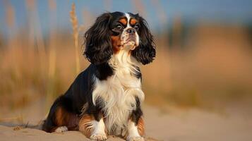 A regal dog sitting on a sandy beach, with tall grass and a serene ocean backdrop photo