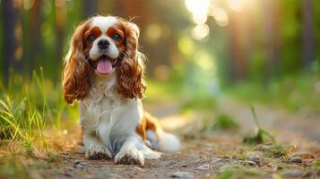 Playful dog resting on a forest path during golden hour, surrounded by lush greenery and sunlight photo