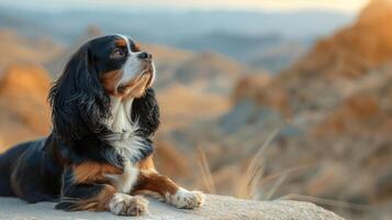 A regal dog resting on a rock, gazing into the distance with mountains in the background at sunset photo
