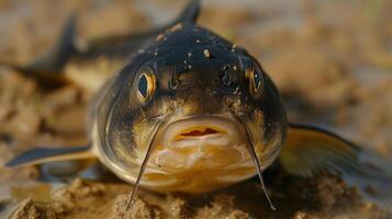 Close-up of a catfish resting on muddy ground, showcasing its features and surrounding nature photo
