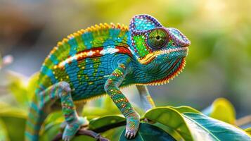 Colorful chameleon perched on a vibrant green leaf in a lush tropical environment photo