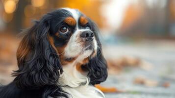 A close-up of a Cavalier King Charles Spaniel dog gazing thoughtfully in a serene autumn park photo