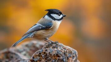 Close-up of a small bird perched on a rock with autumn foliage in the background photo