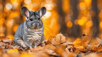 Chinchilla sitting among vibrant autumn leaves in a serene forest setting with blurred background photo