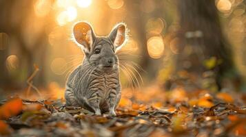 A cute chinchilla sits among autumn leaves in a sunlit forest, surrounded by soft bokeh lights photo