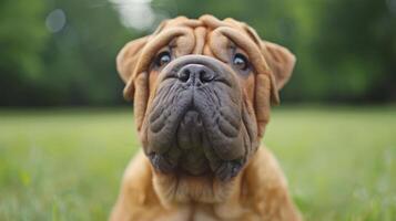 Close-up of a Shar Pei dog with a curious expression in a lush green park setting photo