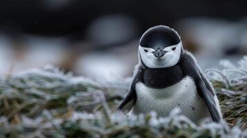 Close-up of a penguin standing on frosty grass in a chilly environment with blurred background photo