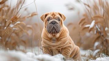 A playful Shar Pei dog sits in a snowy field surrounded by tall grass, enjoying winter scenery photo
