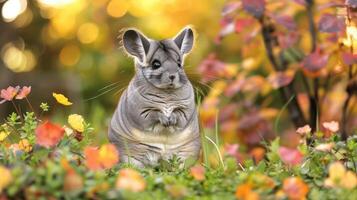 Adorable chinchilla standing amidst vibrant autumn foliage in a serene garden setting photo