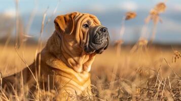 A serene Shar Pei dog resting in a golden field during sunset, surrounded by swaying grass photo