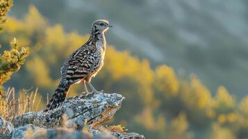A solitary bird perched on a rock, basking in the warm sunlight amidst a blurred forest background photo