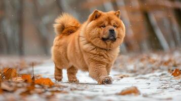 A fluffy Chow Chow dog walking through a snowy path surrounded by autumn leaves in a serene forest photo