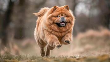 Playful Chow Chow dog joyfully running through a grassy field with trees in the background photo