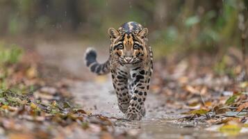 A playful jaguar cub dashes through a rain-soaked forest path, surrounded by lush greenery photo