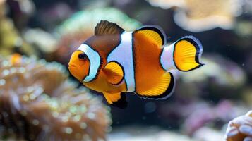 Vibrant clownfish swimming among colorful corals in a lively aquarium setting photo