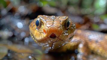 Close-up of a vibrant snake in a lush, natural habitat with blurred foliage in the background photo
