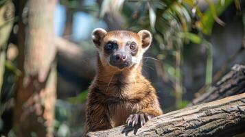 Close-up of a curious animal perched on a tree branch in a lush green environment photo