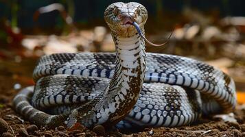 Close-up of a striking snake poised on the ground, showcasing its intricate patterns and tongue flicking, with a blurred natural background photo