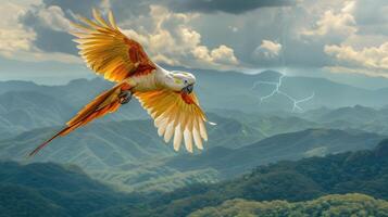 Majestic bird soaring over dramatic mountain landscape with lightning in the background photo