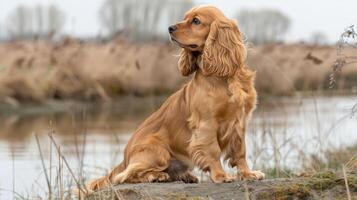 A golden cocker spaniel sits gracefully by a serene waterway, surrounded by tall grasses photo