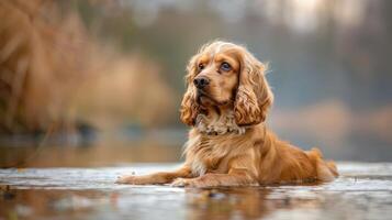 A golden cocker spaniel relaxing in shallow water amidst a serene natural landscape photo