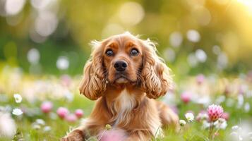 A playful dog lounging in a vibrant flower-filled meadow under soft sunlight photo