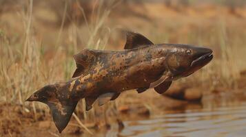 A majestic fish leaping above the water in a natural habitat with dry grass and rocks in the background photo