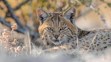 Close-up of a lynx resting in a sunlit natural habitat surrounded by soft grasses and foliage photo