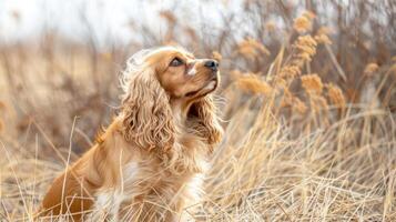A golden Cocker Spaniel gazes thoughtfully among tall grasses in a serene, natural setting photo