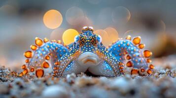 Colorful octopus resting on sandy seabed with bokeh effect in the background, showcasing marine life photo