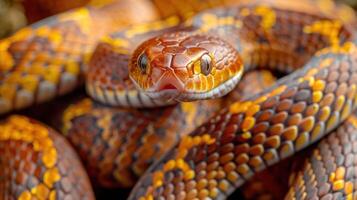 Close-up of a vibrant, patterned snake resting on natural foliage in a lush environment photo