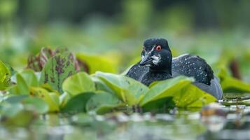 A serene water scene featuring a duck nestled among vibrant green lily pads in a tranquil pond photo