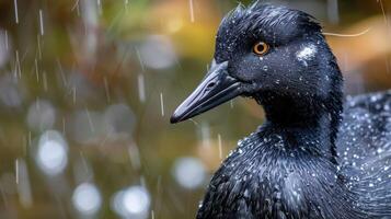 Close-up of a black bird with raindrops on its feathers, set against a blurred autumn background photo
