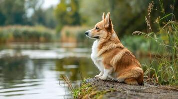 A contemplative corgi sitting by a serene lake, surrounded by lush greenery and gentle ripples photo
