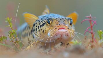 Close-up of a vibrant fish with distinctive spots and whiskers among aquatic plants in a serene setting photo