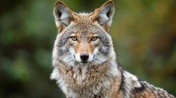 Close-up of a wild coyote gazing intently with a blurred green background, showcasing its natural habitat photo