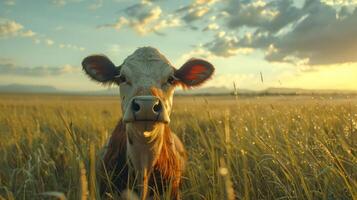 A serene cow stands in a golden field at sunset, surrounded by a picturesque landscape photo