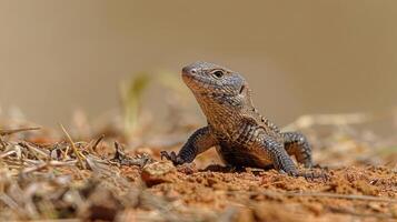 Close-up of a lizard on the ground, showcasing its texture and colors in a natural setting photo