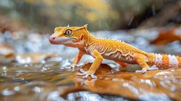 A vibrant gecko exploring a shimmering stream surrounded by autumn leaves and blurred background photo